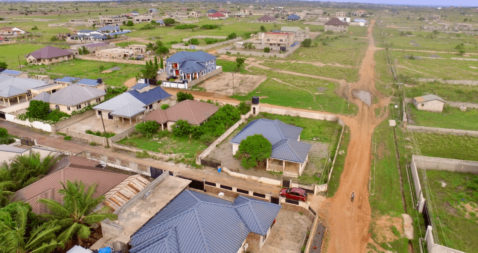 Aerial drone view of residential properties